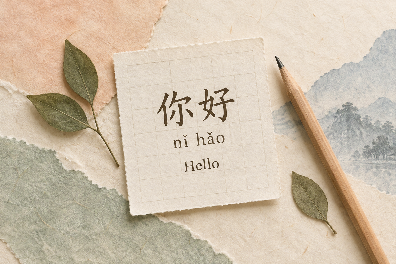 A warm paper collage with a note showing 你好, nǐ hǎo, and Hello
